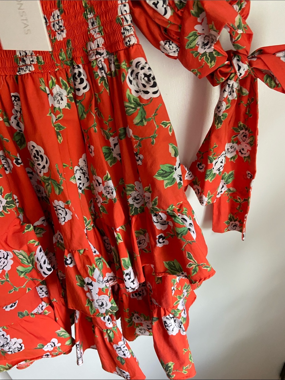 Caroline Constas Coral-Red Floral Puff-Sleeve Tiered Mini Dress - Picture 3 of 4